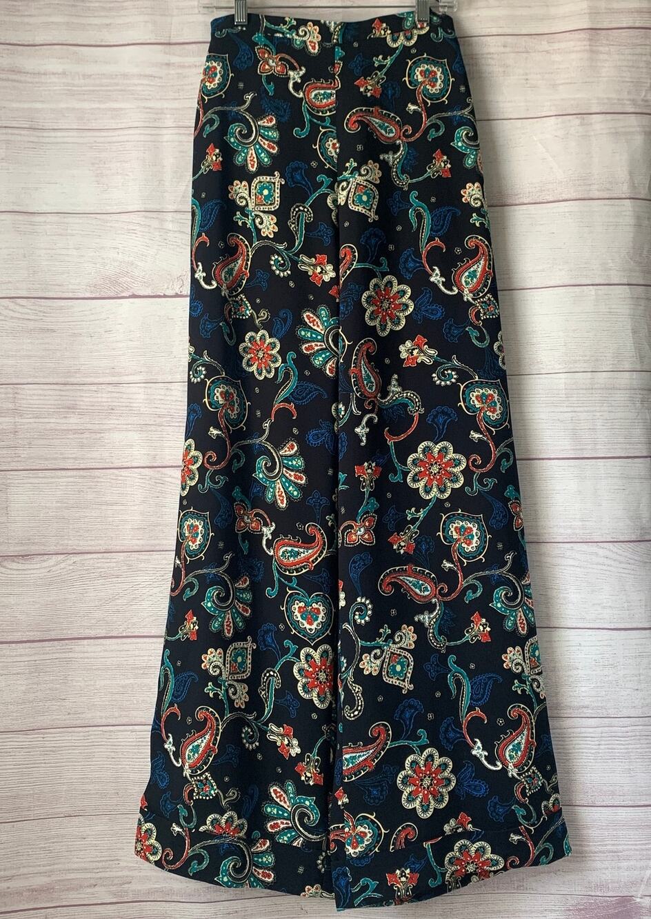 Kate Moss TopShop Black Wide Leg Trousers Colorful Floral Paisley Print Size 6